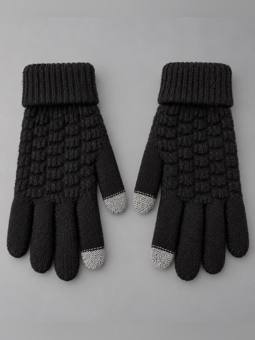 Black Knit Touchscreen Gloves Gray Fingertips Ribbed Cuff Winter Warm